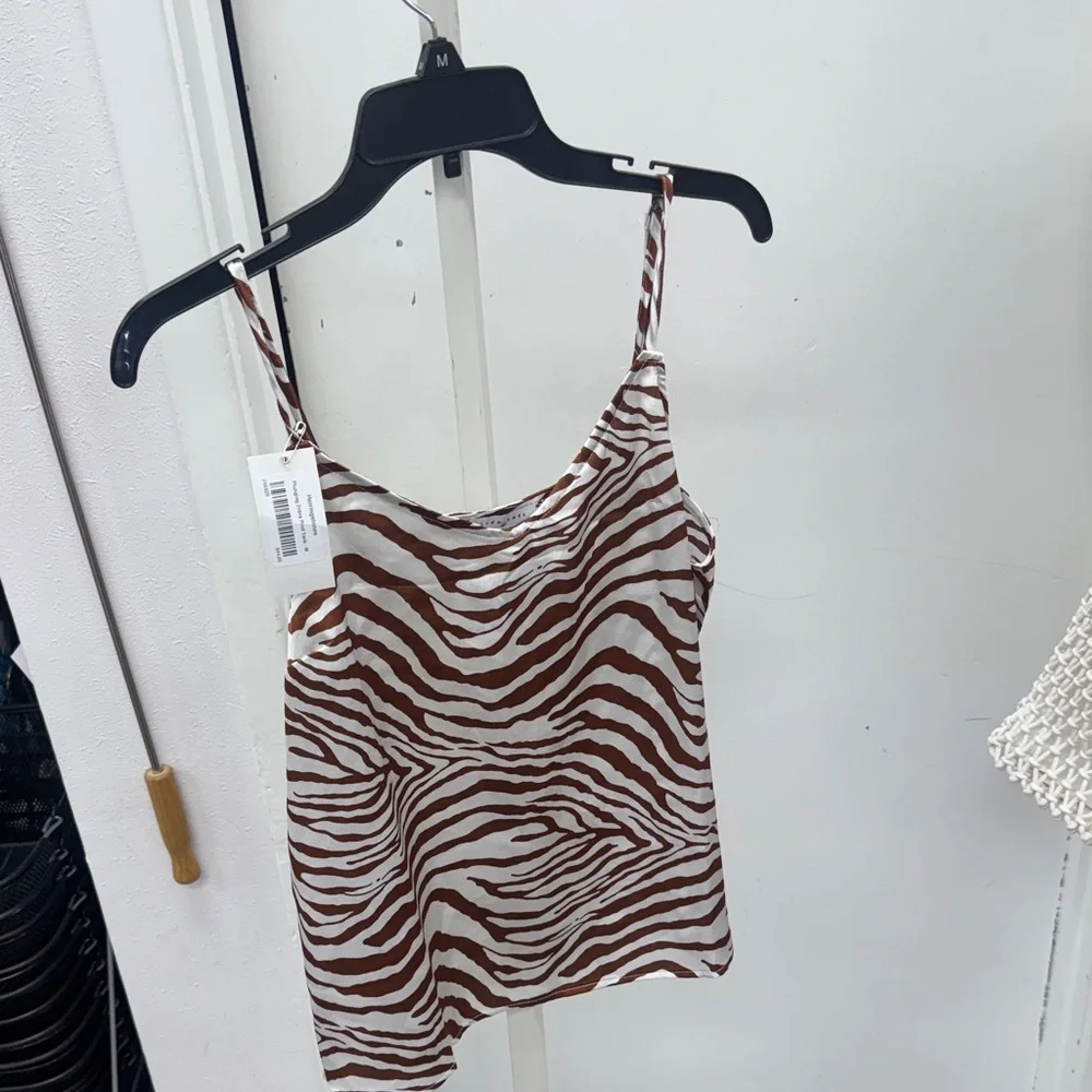 Satin Zebra-Print Spaghetti Tank Top in Brown and White
